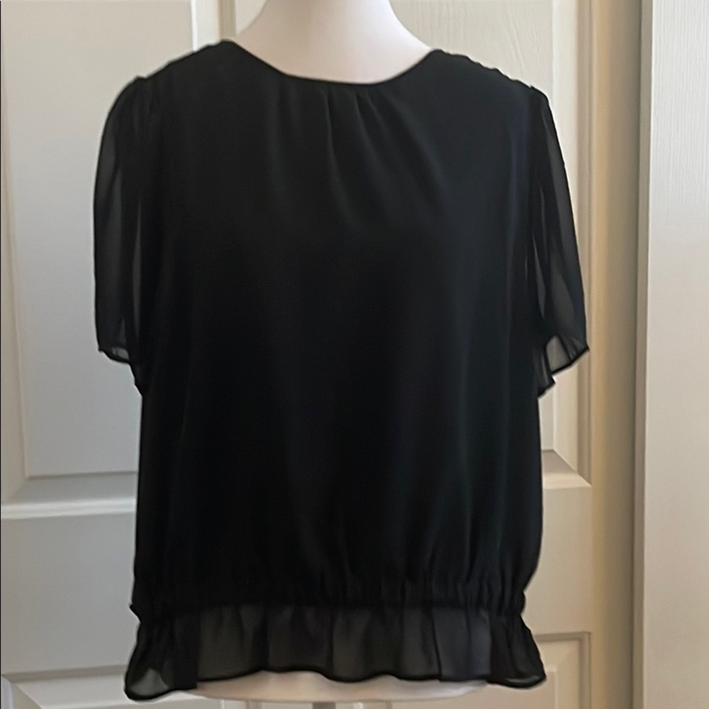 Ann Taylor Black Round Neck Puff Sleeve Blouse